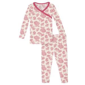 NEW KICKEE kids' print long sleeve kimono pajama set in natural coral